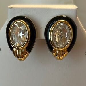 Vintage Gold Oval Earrings with Crystal Centers